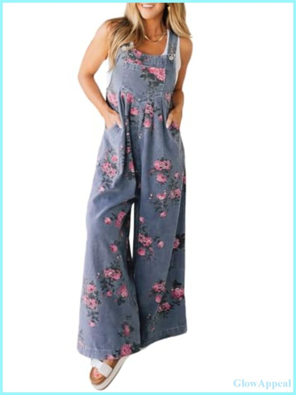 Floral Denim Bib Overalls Adjustable Straps Sleeveless Wide Leg Long Jean